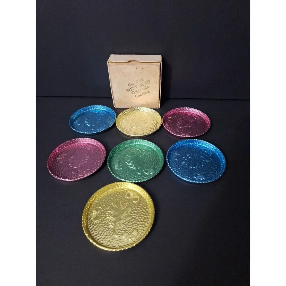 West Bend Aluminum Set of 7 Hammered Leaf and Acorn Color Glo Coasters W/Box